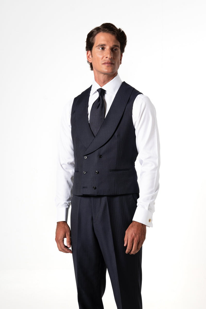 Herringbone Wool Dark Navy Tailoring Vest Double