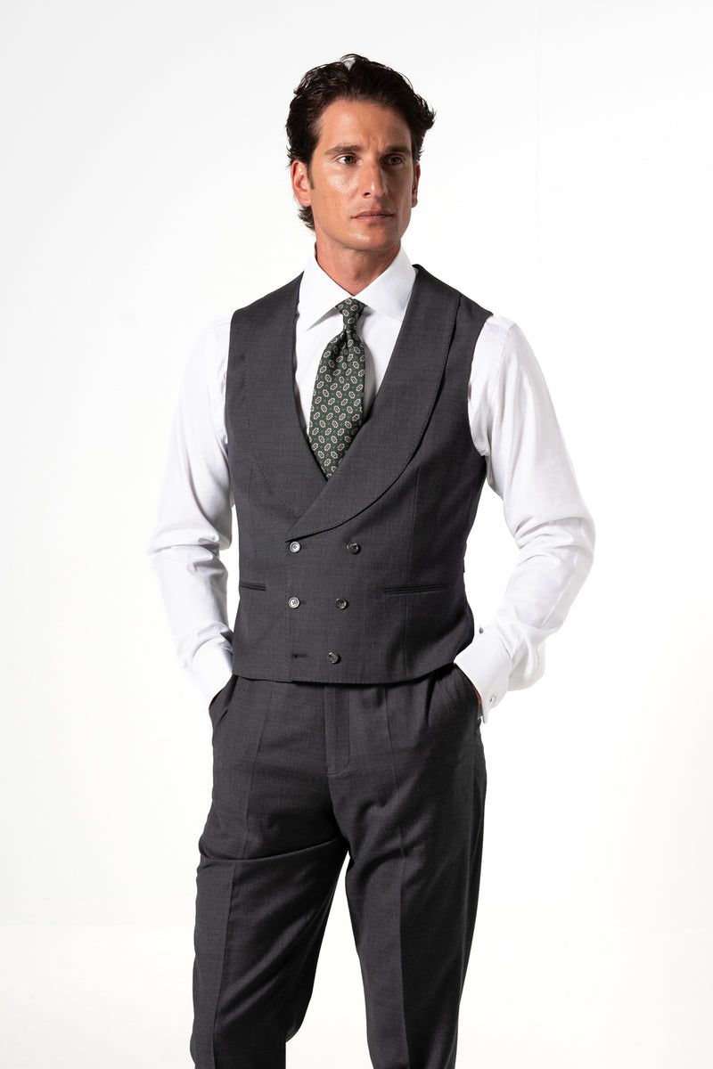 Plain Wool Stone Grey Tailoring Vest Double