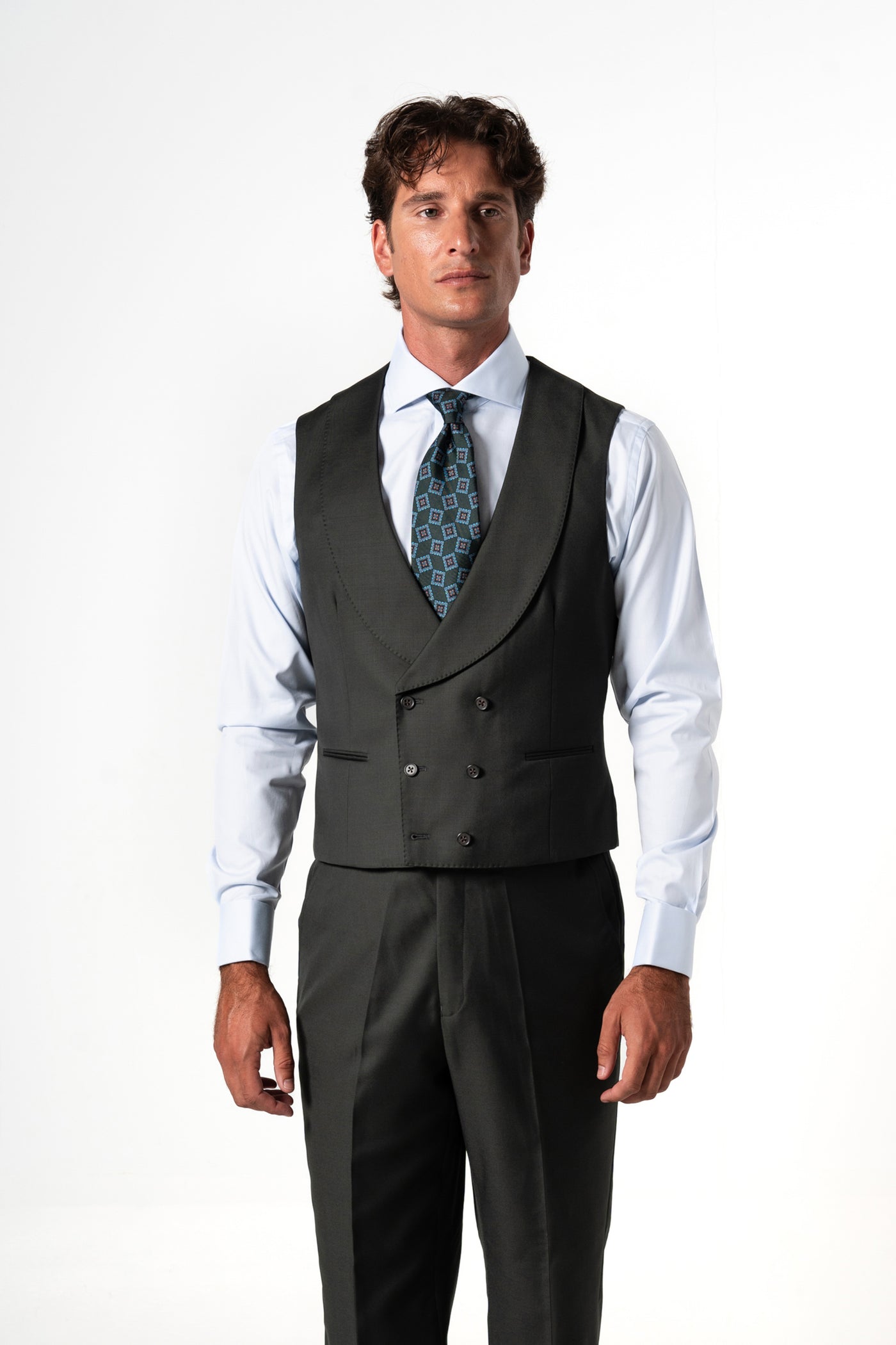 Plain Wool Dark Green Tailoring Vest Double