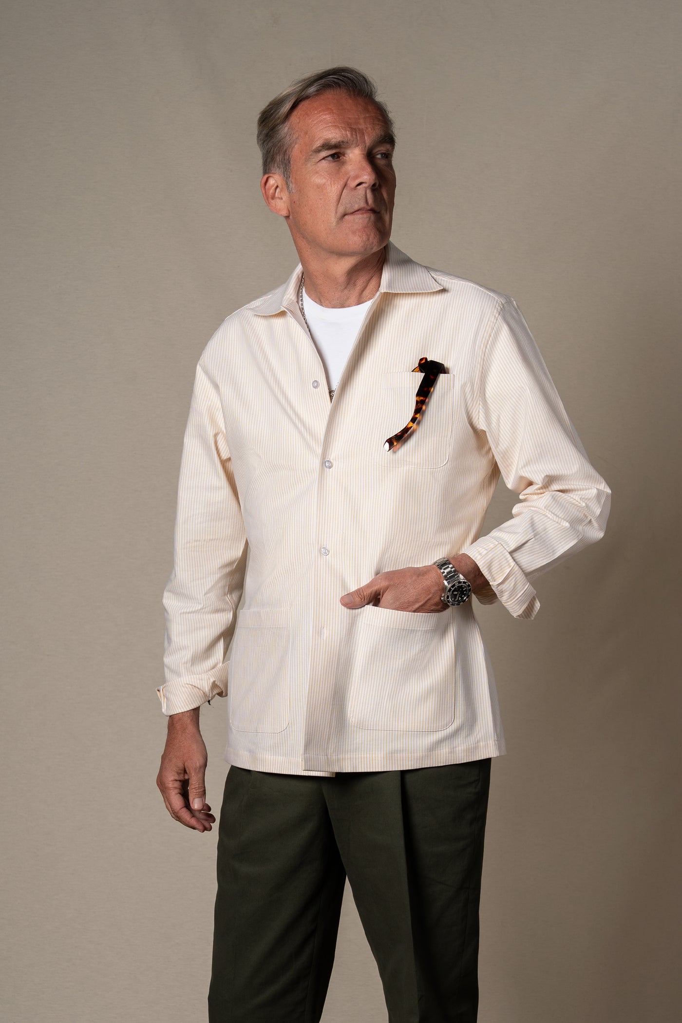 Yellow Oxford Stripes Overshirt — sastreria a medida BUND, lookbook Costa Vice Spring Summer 26