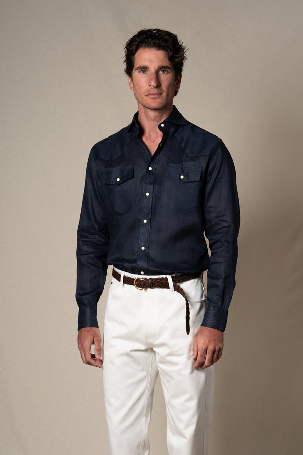 Dark Navy Western Linen Casual Shirt