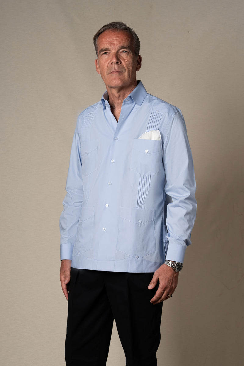 Light Blue Plain Cotton Guayabera Shirt — sastreria a medida BUND, lookbook Costa Vice Spring Summer 26