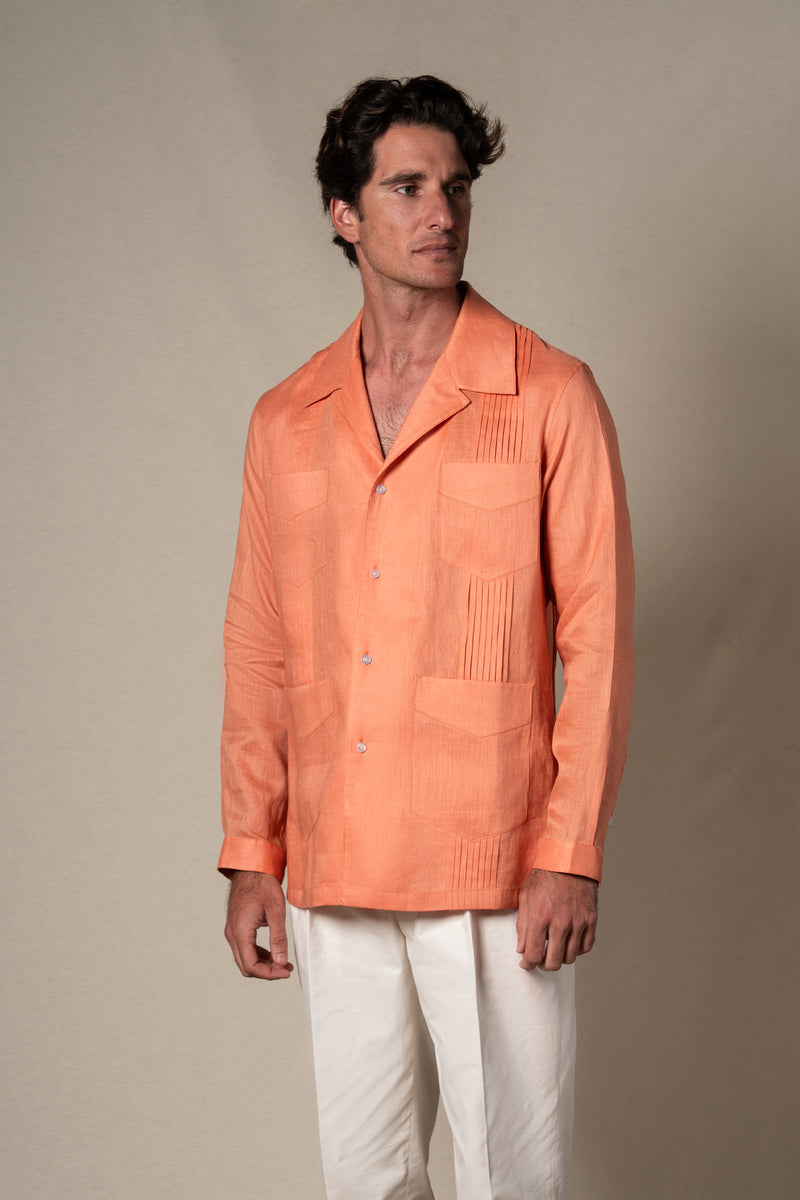 Orange Plain Linen Guayabera Shirt — sastreria a medida BUND, lookbook Costa Vice Spring Summer 26