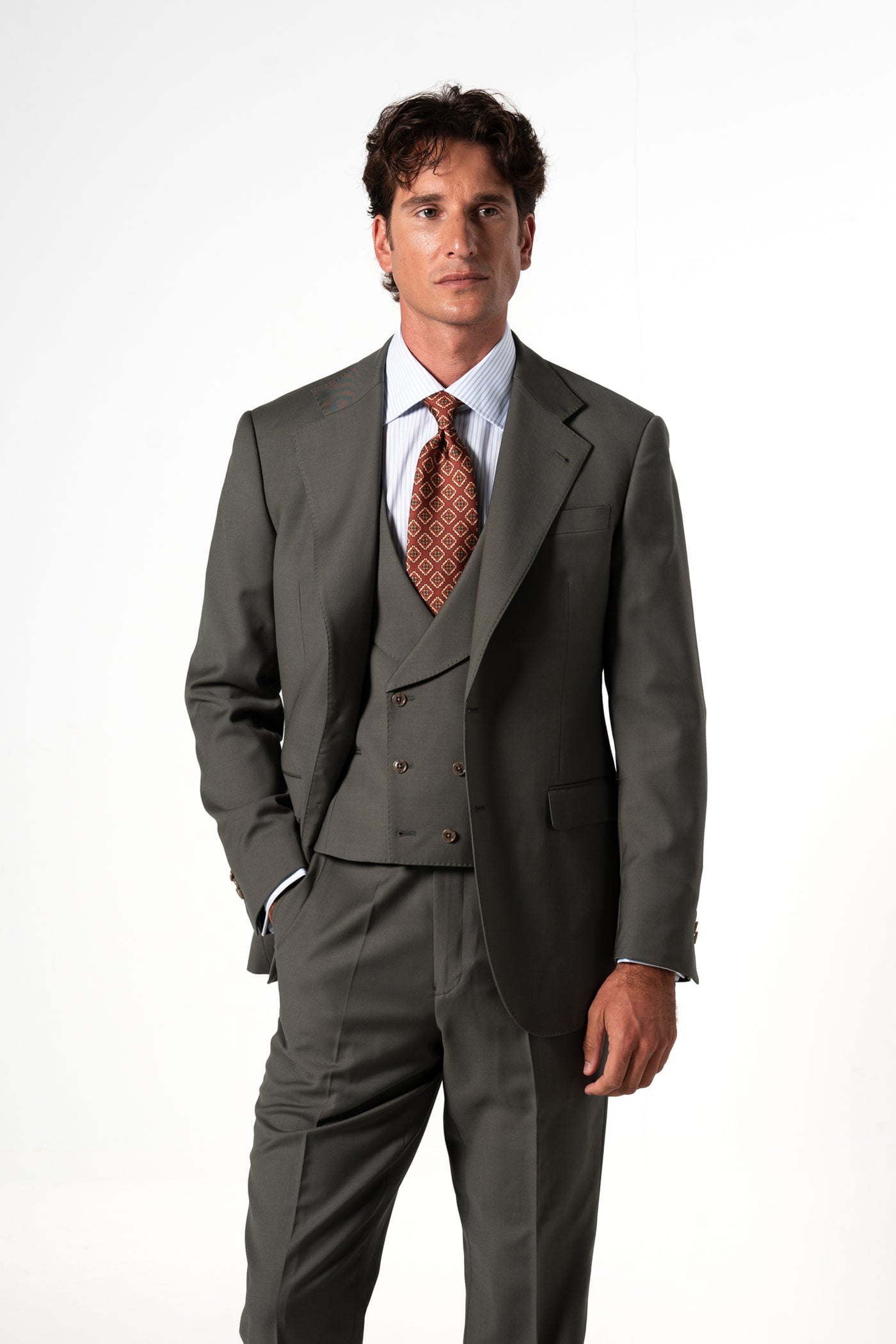 Plain Wool Olive Green Tailoring Vest Double