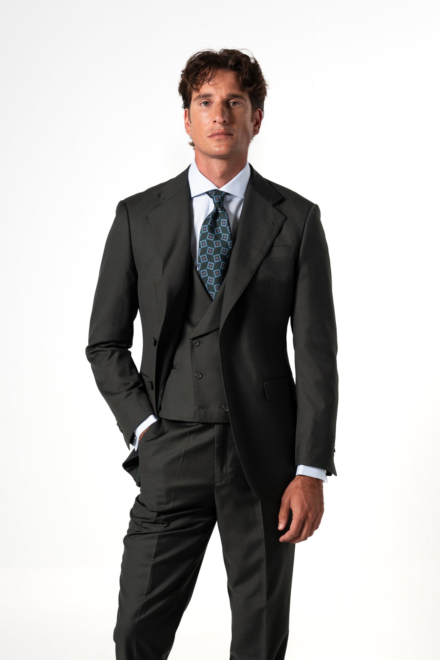 Plain Wool Dark Green Tailoring Vest Double