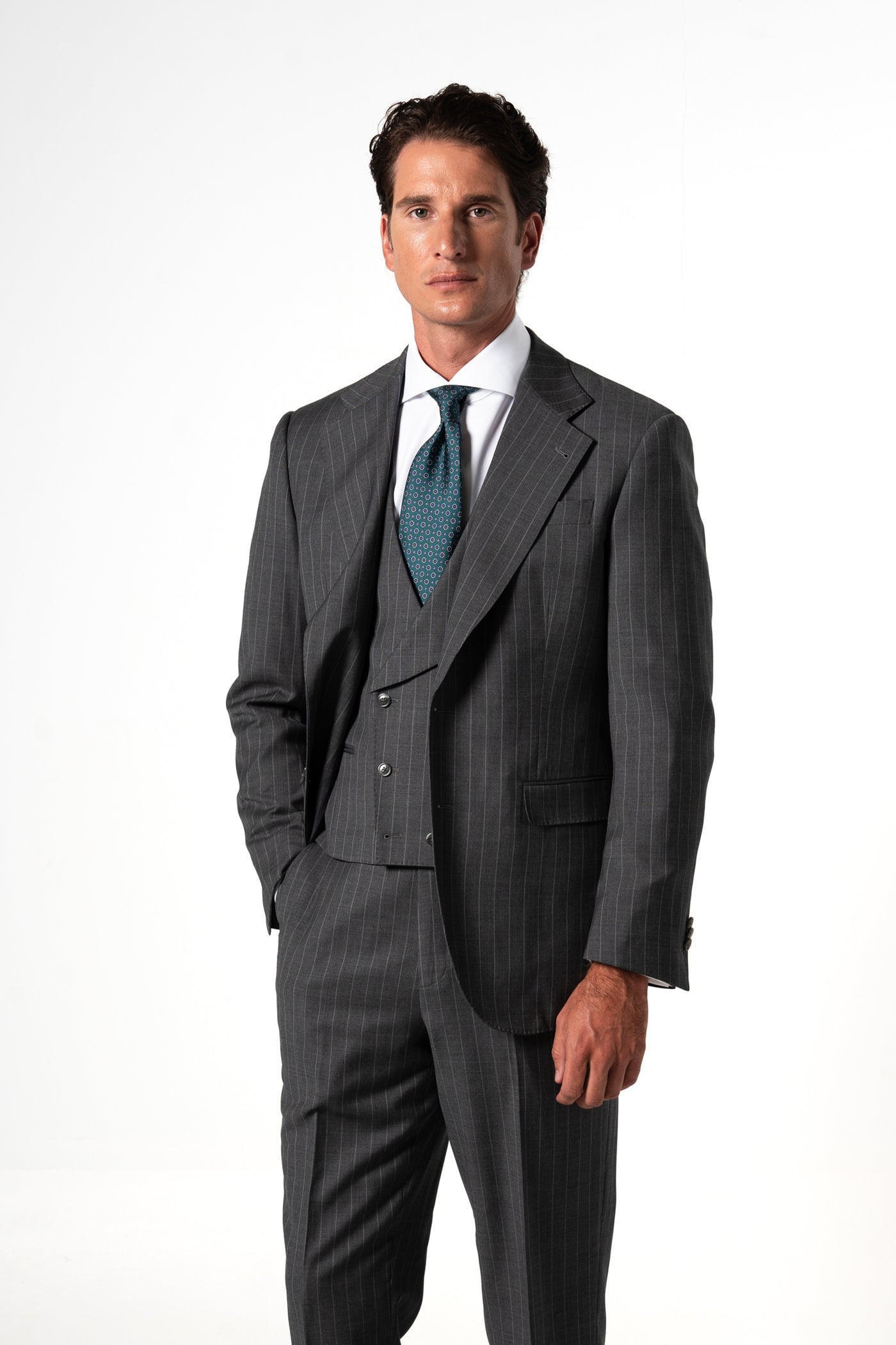 Stripes Wool Stone Grey Tailoring Vest Double