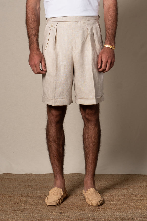 Beige Plain Linen Shorts