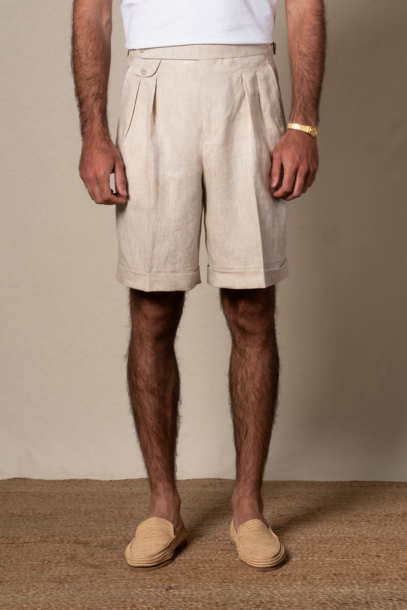 Beige Plain Linen Shorts