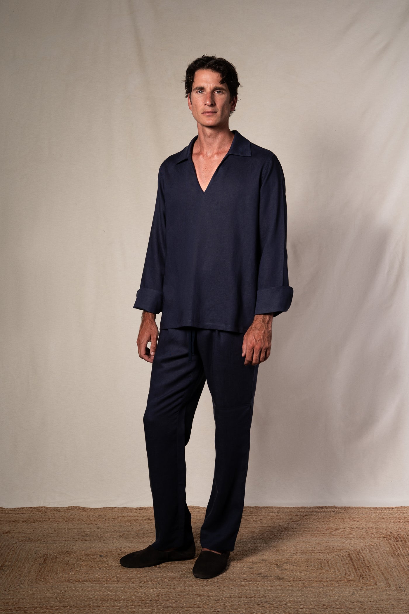 Navy Blue Linen Casual Polo Shirt