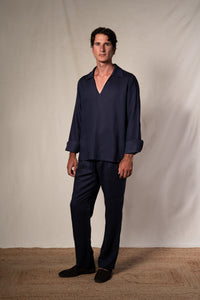 Navy Blue Linen Casual Polo Shirt