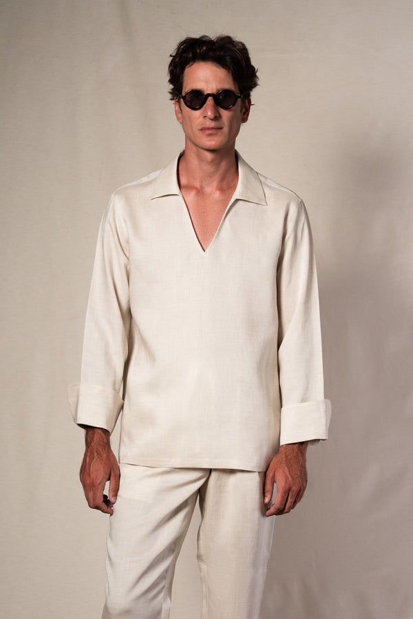 Beige Linen Casual Polo Shirt