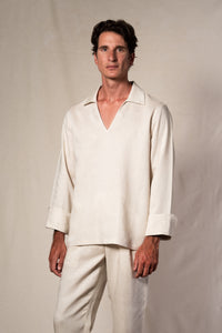 Beige Linen Casual Polo Shirt