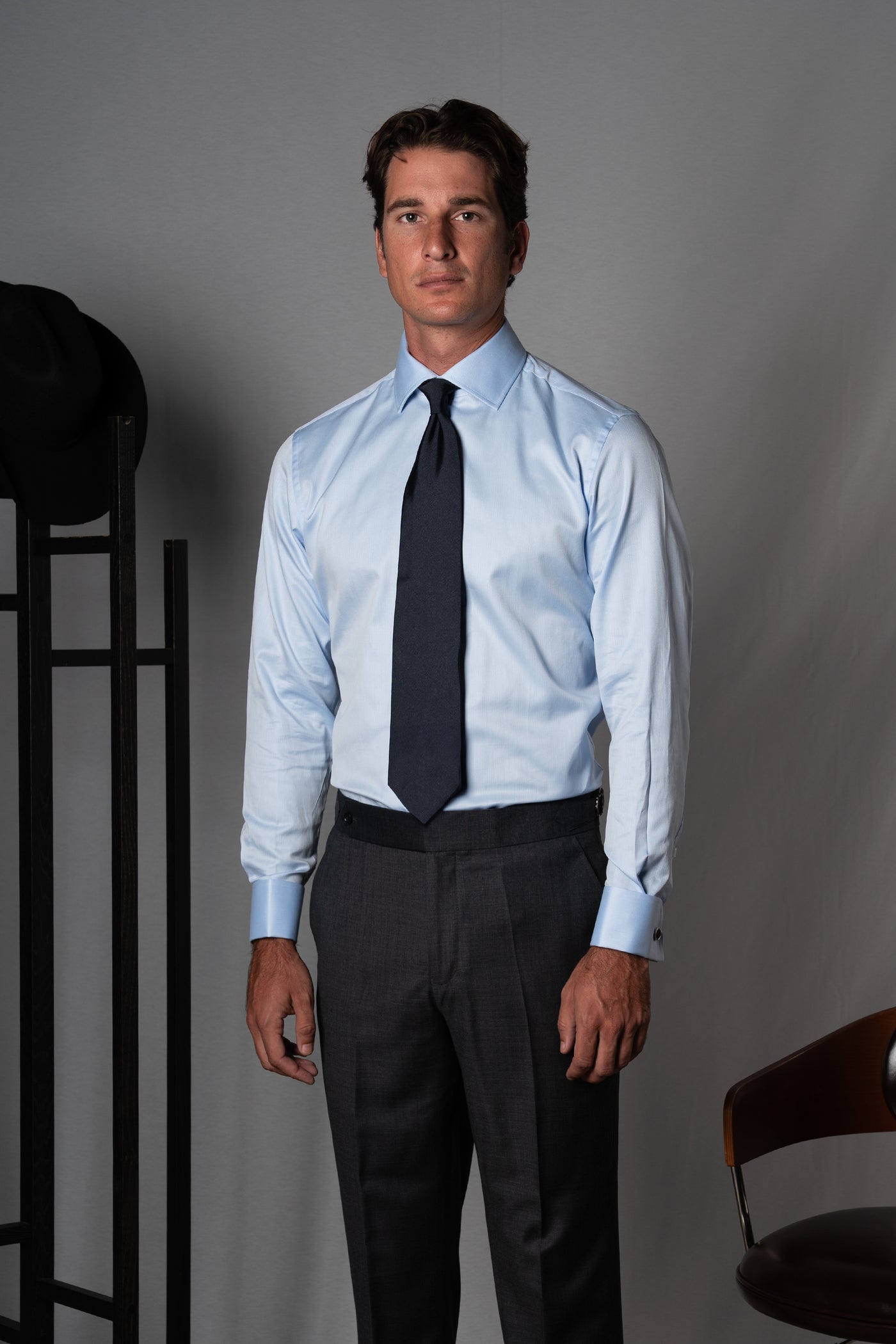 Herringbone Light Blue Cotton Business Shirt - Camisa BUND