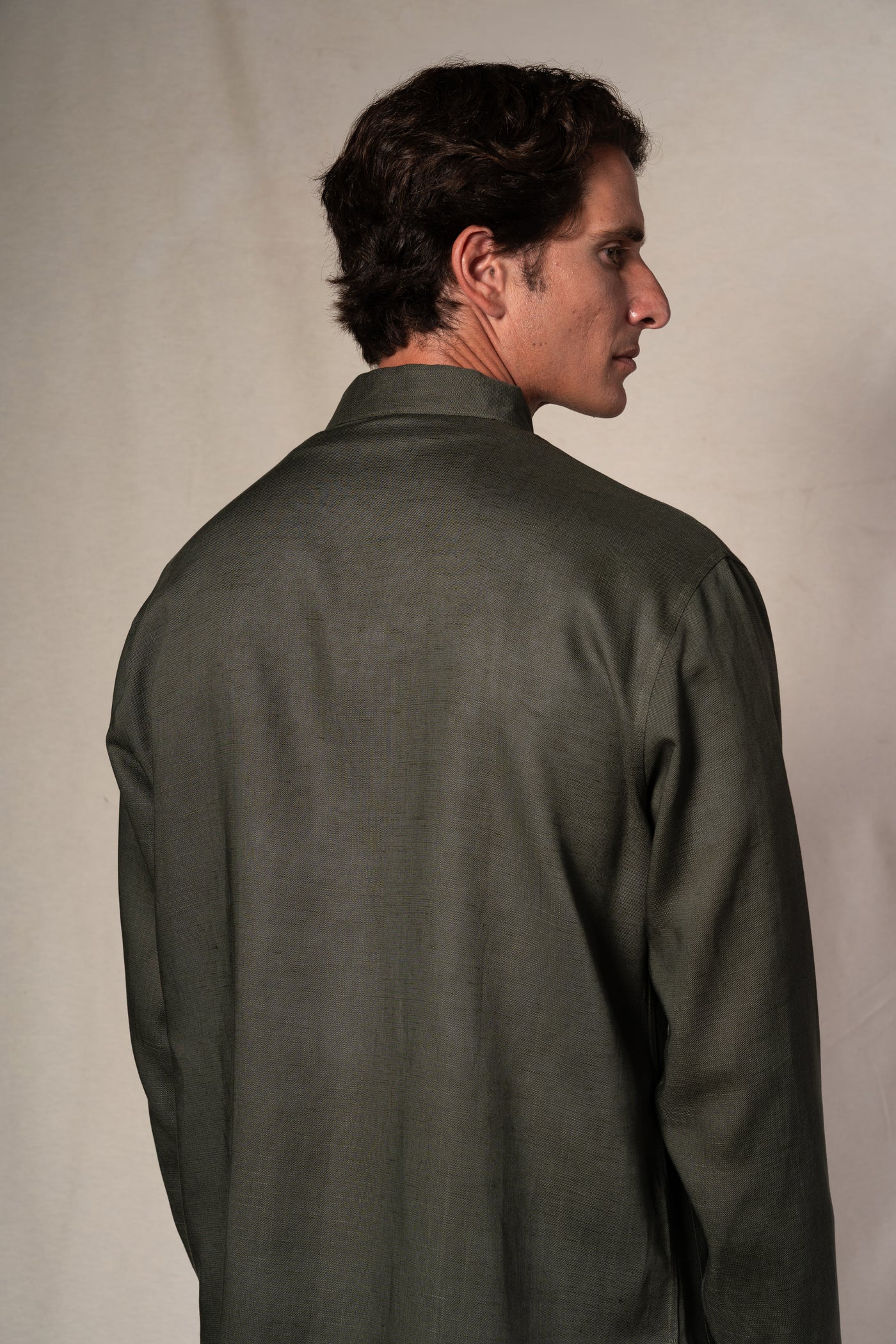 Dark Green Tang Linen Shirt
