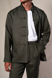 Dark Green Tang Linen Shirt