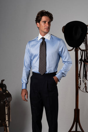 Wide Herringbone Blue Business Shirt - Camisa BUND