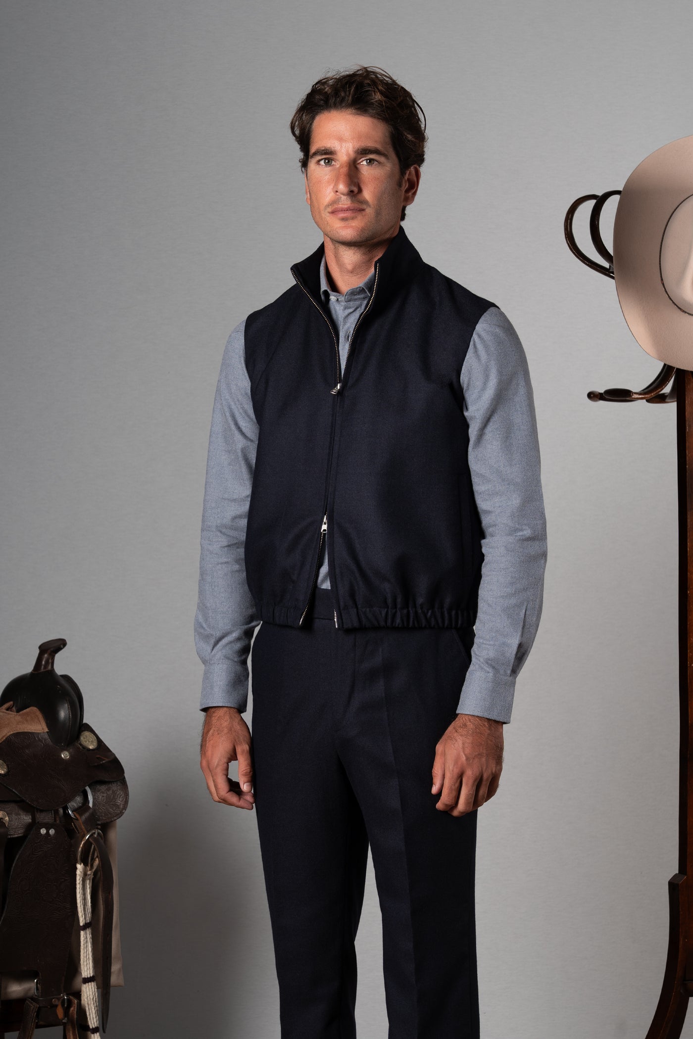 Flannel Dark Navy Zip Vest