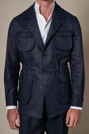 Dark Navy Plain Linen Sahariana — detalle del tejido, BUND Costa Vice SS26