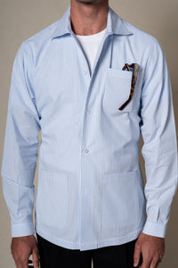 Navy Seersucker Stripes Overshirt — detalle del tejido, BUND Costa Vice SS26