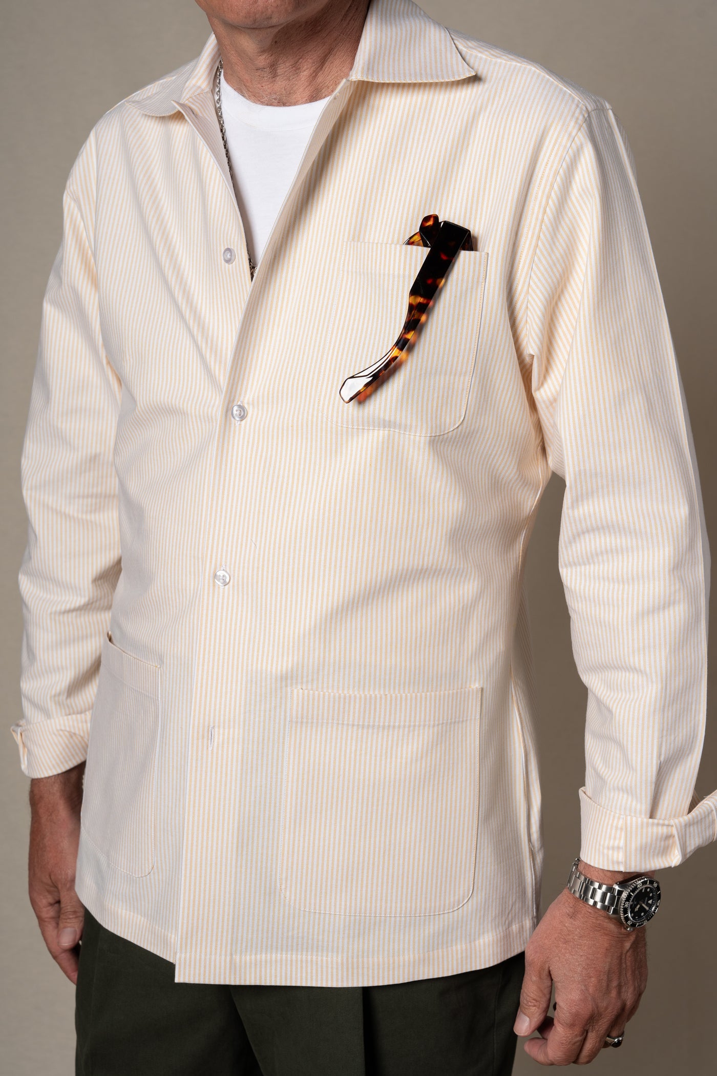 Yellow Oxford Stripes Overshirt — detalle del tejido, BUND Costa Vice SS26