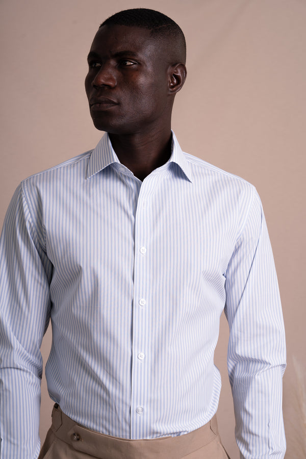 Stripes White+Light Blue Cotton Business Shirt