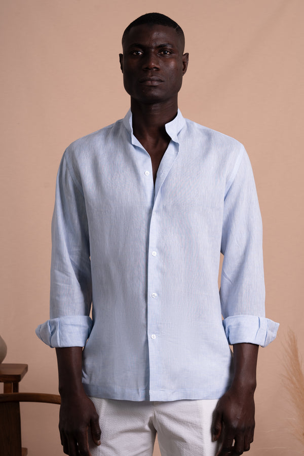 Plain Light Blue Linen Mao Casual Shirt