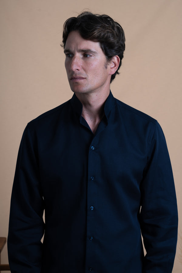 Plain Dark Navy Linen Mao Casual Shirt