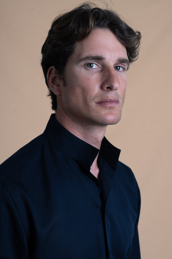 Plain Dark Navy Linen Mao Casual Shirt