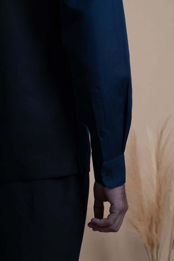 Plain Dark Navy Linen Mao Casual Shirt