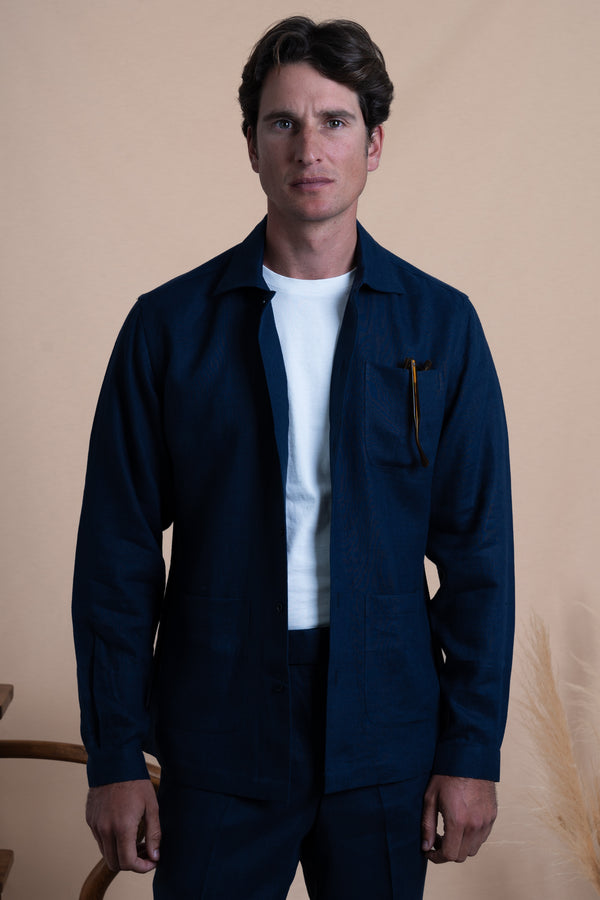 Plain Dark Navy Linen Overshirt