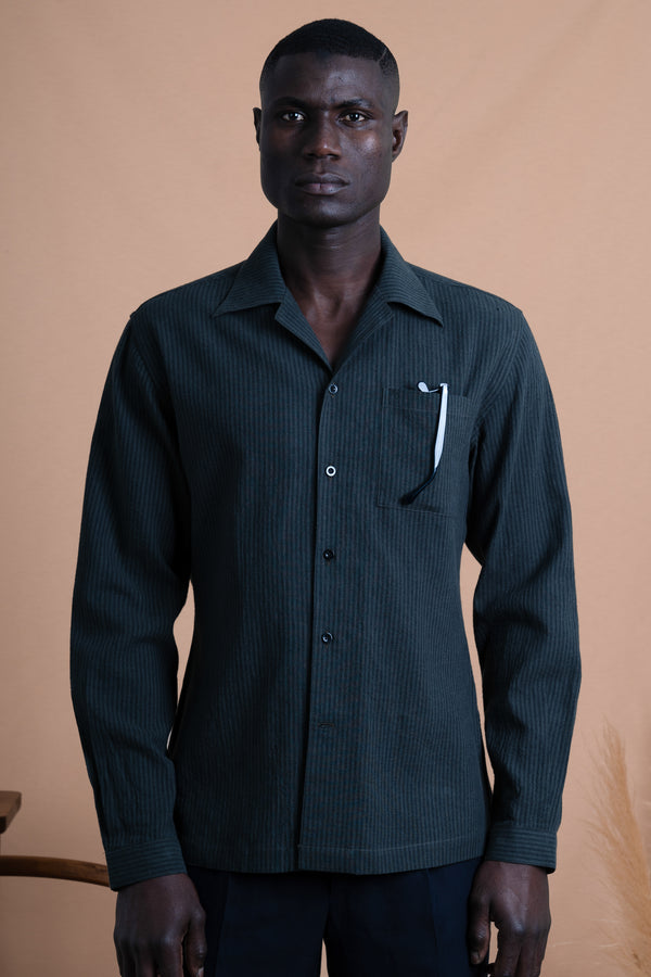Stripes Dark Green Linen Chest Pocket Casual Shirt