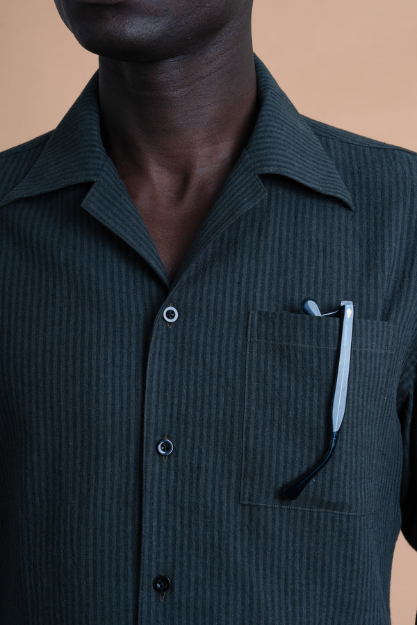 Stripes Dark Green Linen Chest Pocket Casual Shirt