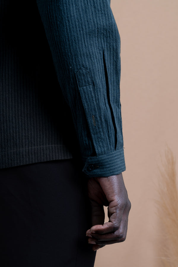 Stripes Dark Green Linen Chest Pocket Casual Shirt