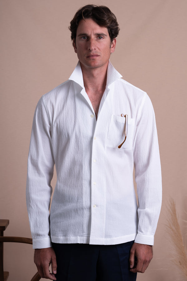 Seersucker White Cotton Chest Pocket Casual Shirt