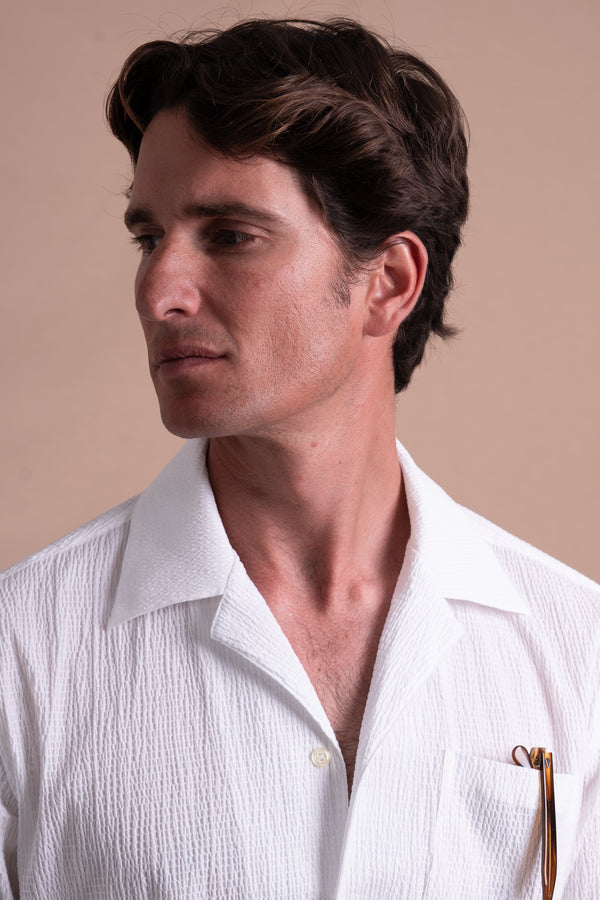 Seersucker White Cotton Chest Pocket Casual Shirt
