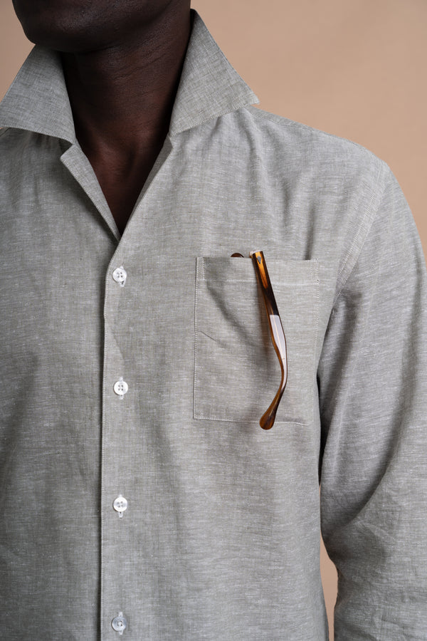 Plain Light Green Linen Chest Pocket Casual Shirt