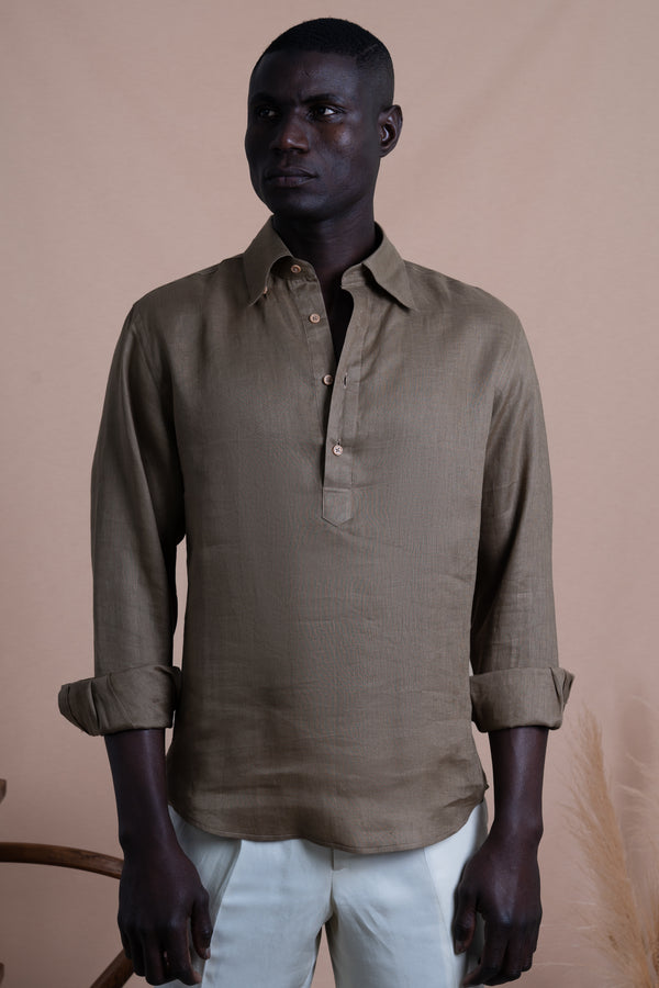 Plain Tobacco Linen Polera
 Casual Shirt