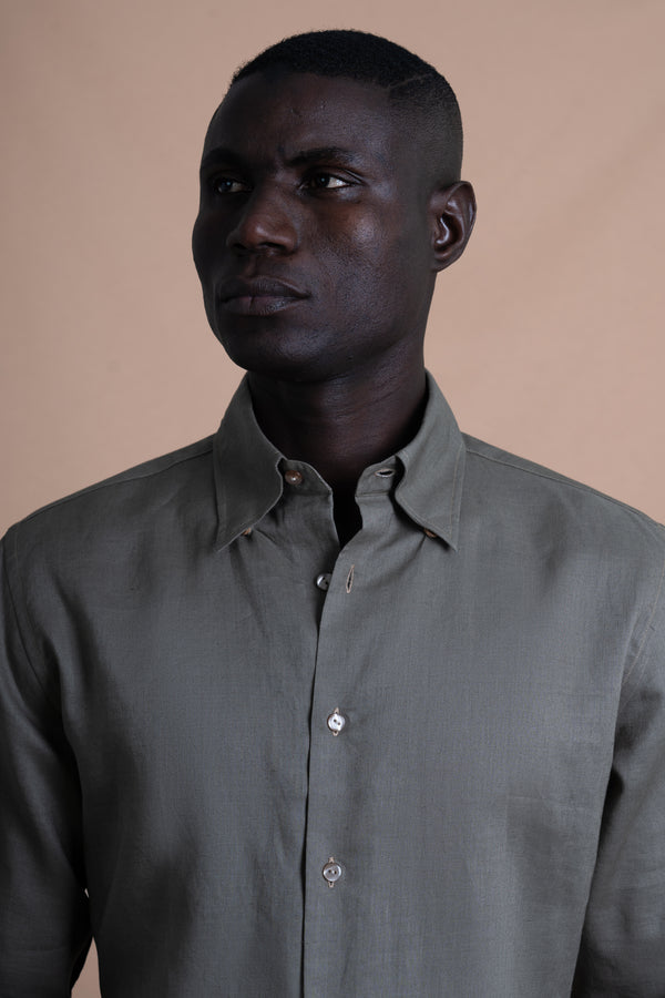 Plain Brown Linen Down Pockets Casual Shirt