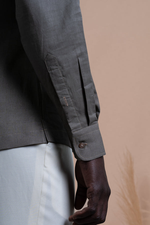 Plain Brown Linen Down Pockets Casual Shirt