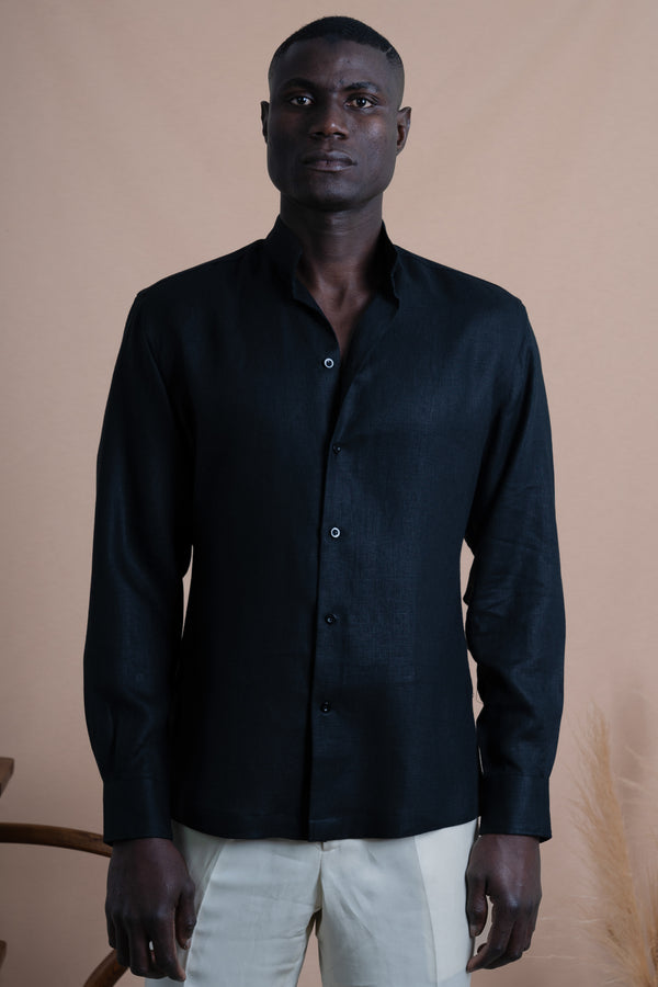 Plain Black Linen Mao Casual Shirt