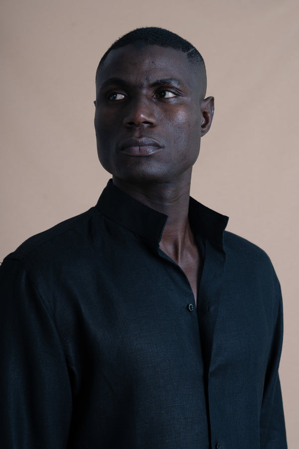 Plain Black Linen Mao Casual Shirt