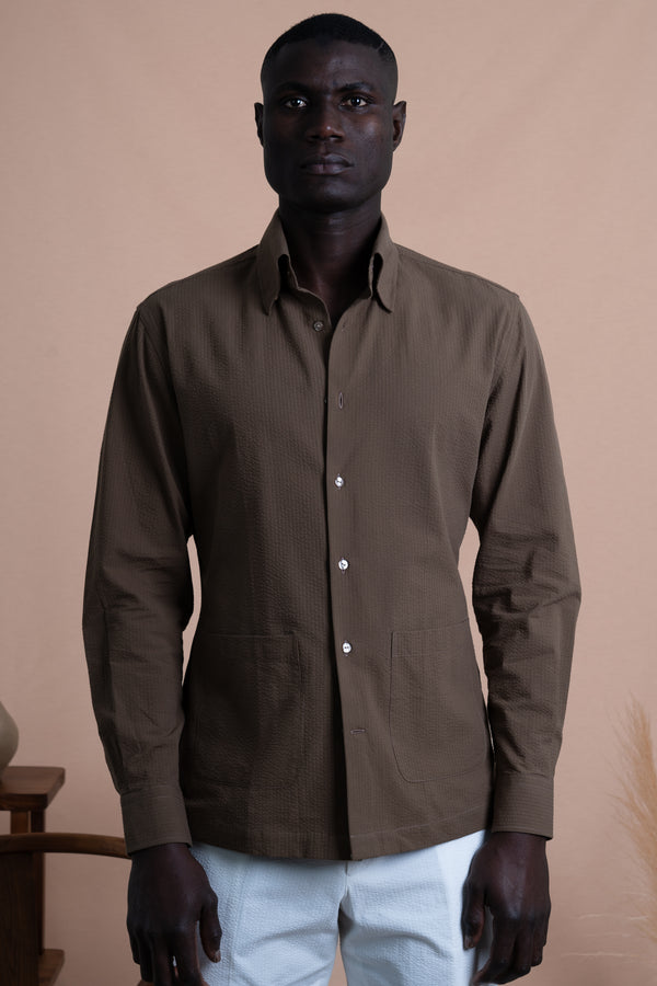 Seersucker Chocolate Brown Cotton Down Pockets Casual Shirt