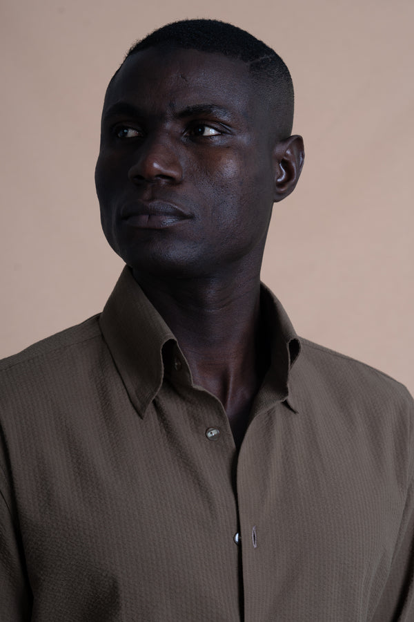 Seersucker Chocolate Brown Cotton Down Pockets Casual Shirt