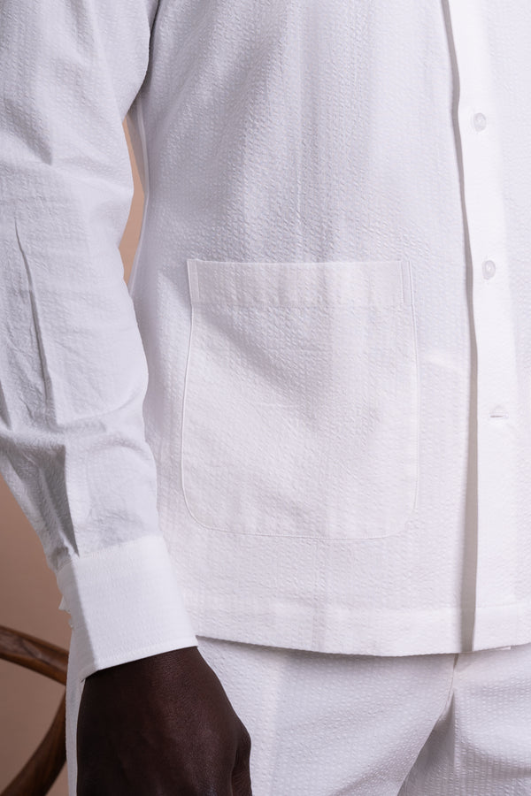 Seersucker Off White Cotton Down Pockets Casual Shirt
