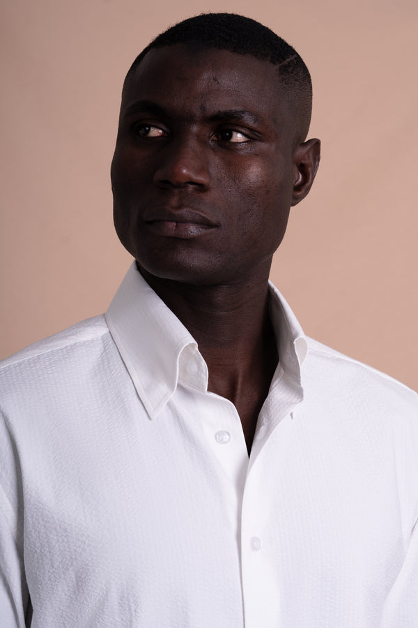 Seersucker Off White Cotton Down Pockets Casual Shirt