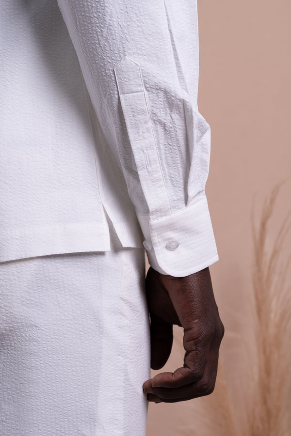 Seersucker Off White Cotton Down Pockets Casual Shirt