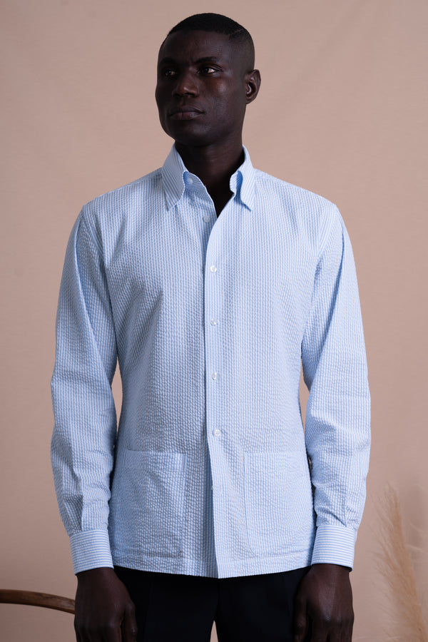 Seersucker White+Navy Cotton Down Pockets Casual Shirt