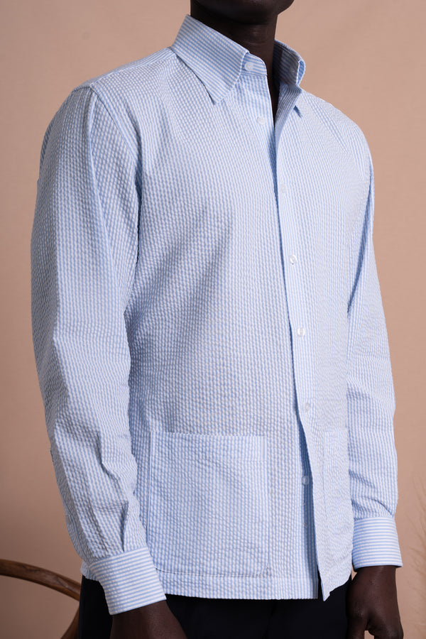 Seersucker White+Navy Cotton Down Pockets Casual Shirt