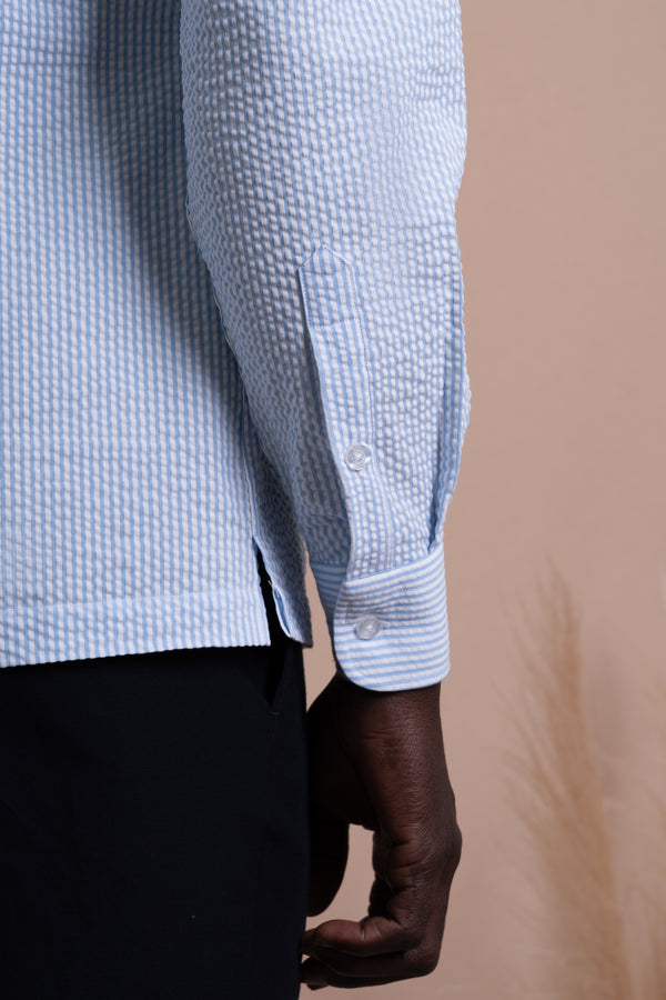Seersucker White+Navy Cotton Down Pockets Casual Shirt