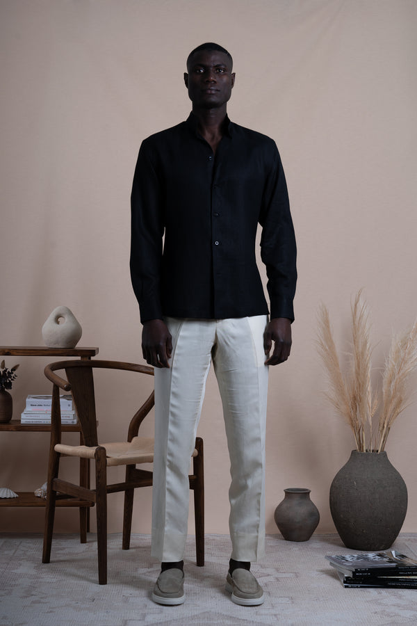 Plain Black Linen Mao Casual Shirt